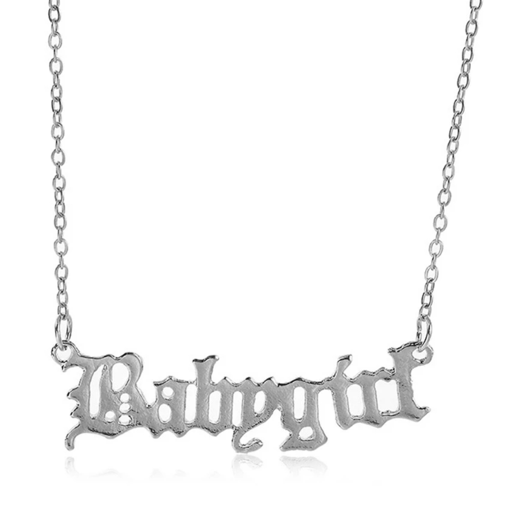Silver BABYGIRL Old English Word Pendant Necklace Statement Chain Message